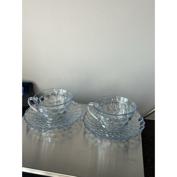 2 Anchor Hocking Fire King Blue Bubble Cup Saucer MCM 1940-1965 Coffee Tea - Picture 2 of 16